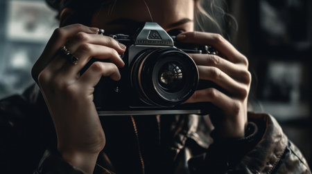 A person taking a photograph with an SLR camera created with Generative AIの素材