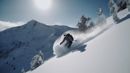 A person snowboarding down a steep mountain slope created with Generative AIの素材