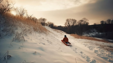 A person sledding down a snowy hill on a winter day created with Generative AIの素材