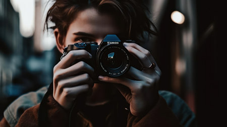 A person taking a photograph with an SLR camera created with Generative AIの素材