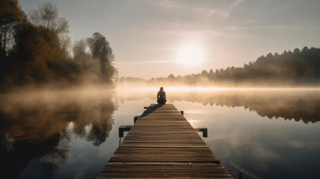 A photo of a person enjoying a peaceful and calm morning on a dock by the lake created with Generative AIの素材