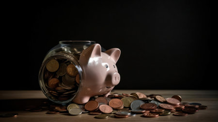 A piggy bank filled with coins and bills created with Generative AIの素材