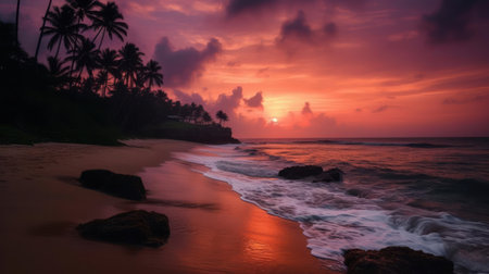 A pink and purple sunset over a beach with palm trees created with Generative AIの素材