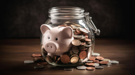 A piggy bank filled with coins and bills created with Generative AIの素材