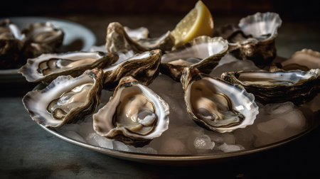 A plate of freshly shucked oysters on ice created with Generative AIの素材