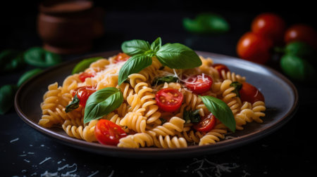 A plate of steaming hot pasta topped with fresh tomatoes and basil created with Generative AIの素材