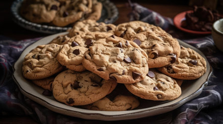 A plate of homemade chocolate chip cookies on a checkered tablecloth created with Generative AIの素材