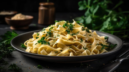 A plate of delicious homemade pasta with fresh herbs created with Generative AIの素材