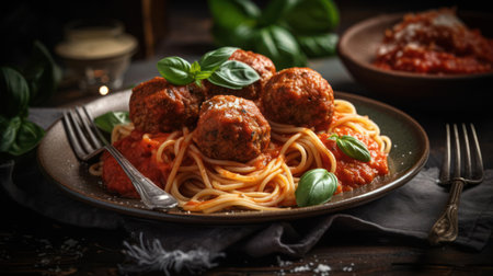 A plate of spaghetti and meatballs with tomato sauce created with Generative AIの素材