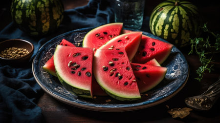 A plate of juicy watermelon slices with seeds scattered around created with Generative AIの素材