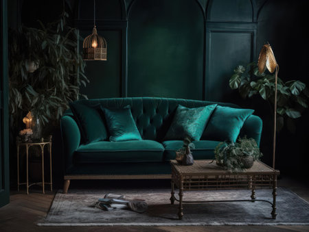 A plush velvet sofa in a rich emerald green hue created with Generative AIの素材