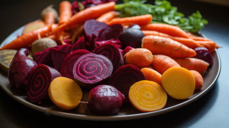 A platter of colorful and hearty root vegetables like beets carrots and sweet potatoes created with Generative AIの素材