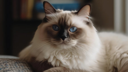 A Ragdoll cat resting on a pillow with droopy eyes created with Generative AIの素材