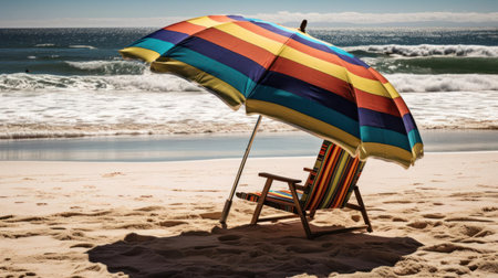 A rainbow-striped beach umbrella shading a lounge chair created with Generative AIの素材