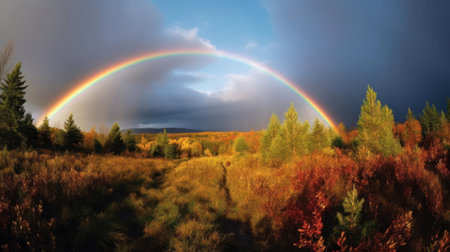 A rainbow appears in the sky adding a burst of color to the scene created with Generative AIの素材