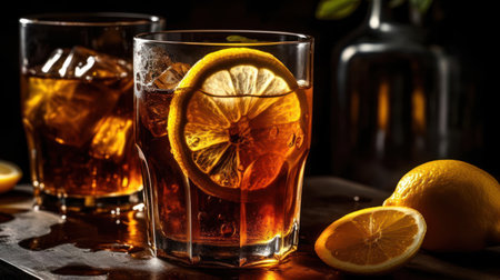 A refreshing glass of iced tea with lemon slices created with Generative AIの素材