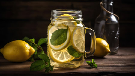 A refreshing glass of lemonade with sliced lemons and ice cubes in a mason jar created with Generative AIの素材