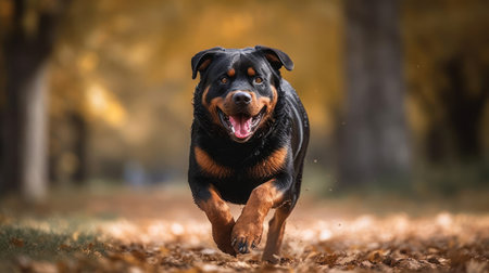 A rottweiler running in a park created with Generative AIの素材