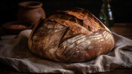 A rustic sourdough bread with a crisp crust and a tangy flavor created with Generative AIの素材