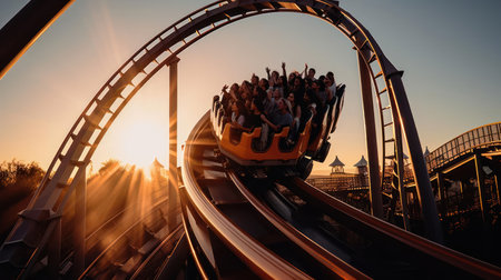 A roller coaster zooms through twists and turns passengers screaming with excitement created with Generative AIの素材