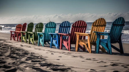 A row of colorful beach chairs on a sandy shore created with Generative AIの素材