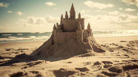 A sandcastle on a sunny beach created with Generative AIの素材