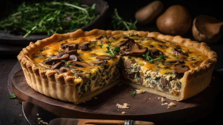 A savory and flaky mushroom quiche with a buttery crust created with Generative AIの素材