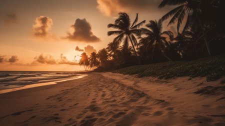 A sandy beach at sunset with palm trees silhouetted against the sky created with Generative AIの素材