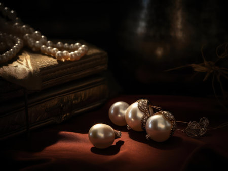 A set of immaculate pearl earrings on a velvet cushion created with Generative AIの素材