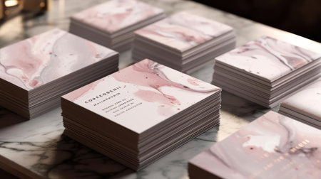 A set of business cards with a marble-like design in shades of pink and purple with elegant white lettering created with Generative AIの素材