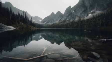 A serene shot of a calm lake surrounded by towering mountains with gentle ripples moving across the surface created with Generative AIの素材