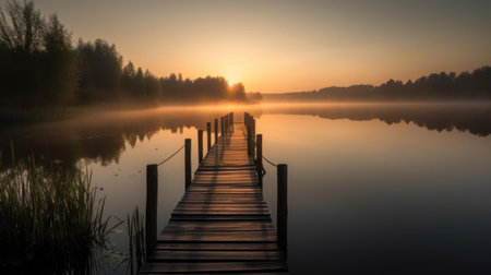 A serene and calm sunrise over a quiet lake created with Generative AIの素材