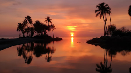 A serene image of a sunset over the ocean with warm golden colors casting a soft glow on the water The sky is a mix of oranges pinks and purples and the silhouettes of palm trees can be seen in the foreground The calmness of the scene invokes a sense of peace and relaxation created with Generative AIの素材