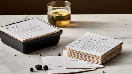 A set of recipe cards with a minimalist design featuring a simple black border and serif typography created with Generative AIの素材