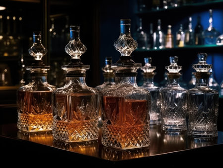 A set of crystal decanters filled with top-shelf liquor created with Generative AIの素材