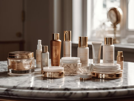 A set of luxury skincare products on a marble vanity created with Generative AIの素材