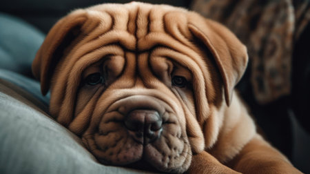 A shar-pei puppy snuggling with its owner on the couch created with Generative AIの素材