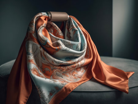 A silk scarf draped over a designer handbag created with Generative AIの素材