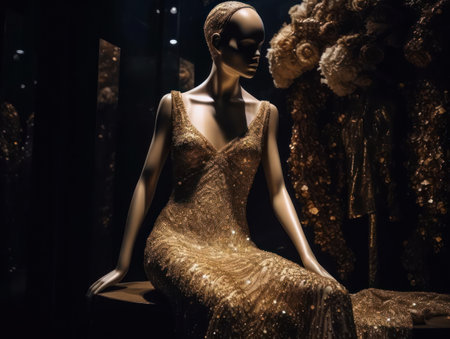 A shimmering sequined gown draped elegantly over a mannequin created with Generative AIの素材