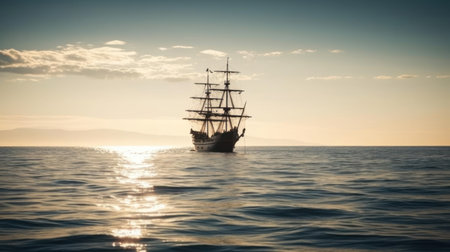 A ship sailing through calm ocean waters slowly created with Generative AIの素材