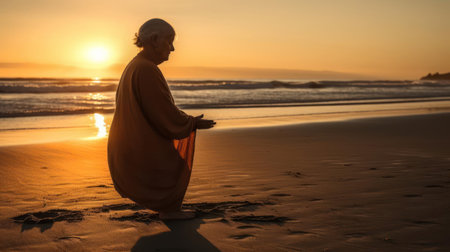 A senior man practicing yoga on a beach at sunset created with Generative AIの素材