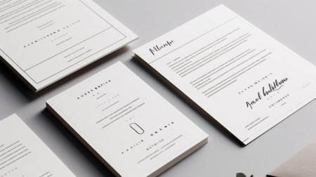 A set of wedding invitations with a minimalist design of black text on a clean white background created with Generative AIの素材