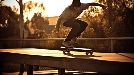 A skateboarder grinds a rail with ease adrenaline pumping through their system created with Generative AIの素材