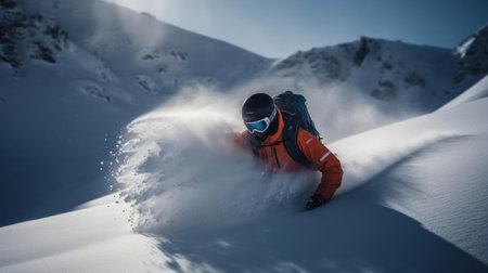 A skier carving through fresh powder on a snowy mountain created with Generative AIの素材