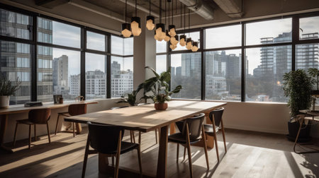 A sleek and modern coworking space with minimalist decor and striking city views created with Generative AIの素材