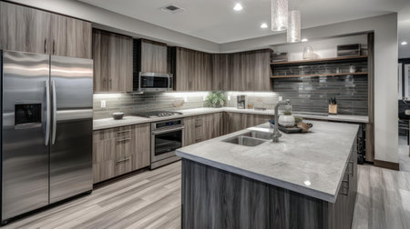 A sleek modern kitchen with stainless steel appliances created with Generative AIの素材