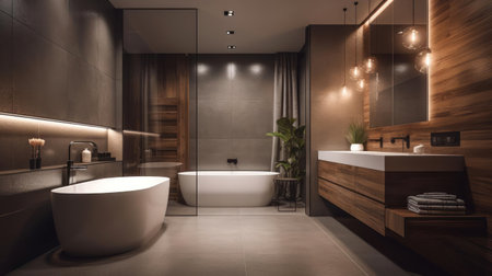 A sleek modern bathroom with a spa-like atmosphere created with Generative AIの素材