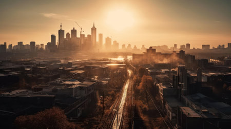 A skyline view of a bustling city at sunrise created with Generative AIの素材