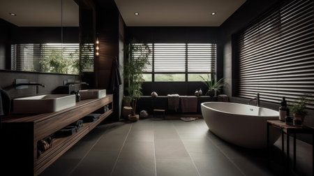 A sleek modern bathroom with a spa-like atmosphere created with Generative AIの素材