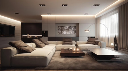 A sleek and stylish modern living room created with Generative AIの素材